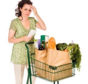 Shopper with list and cart, scratching her head